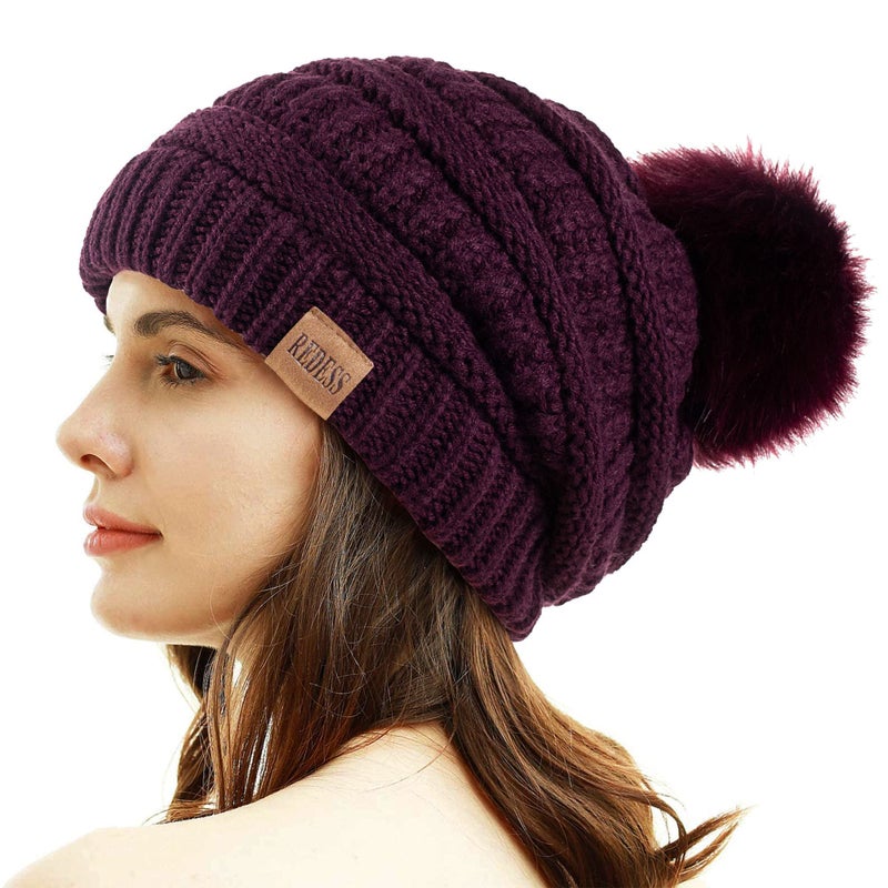 REDESS Women Winter Pom Pom Beanie Hat with Warm Fleece Lined, Purple - Image 1